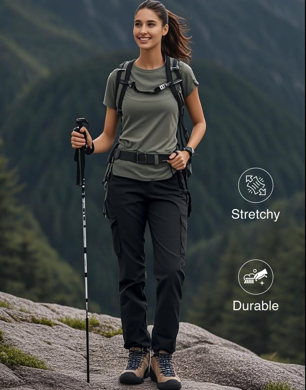 Pioneer Camp Cargohose Damen Lang Wanderhose für Frauen Strapazierfähig Cargo Hosen Verstellbarer Bund Outdoor Jogginghosen mit 6 Taschen Schwarz L