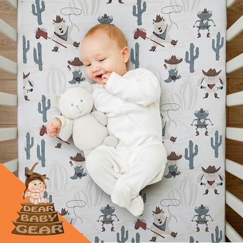 Image of Dear Baby Gear Baby Crib Sheets - Toddler Bed Sheets - Breathable Fitted Bed Sheet - Nursery Bedding - Infant Cribs Mattress Cover - Crib Sheet for Girls & Boys - 52x28x10 (Cowboy Critters & Cactus)