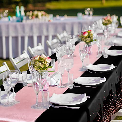 Image of Breling 8 Pack Black and Rose Gold Disposable Plastic Tablecloths and Satin Table Runner Set, 54 x 108 Inch Tablecloth, 12 x 108 Inch Table Runners for Wedding Graduation Birthday Baby Shower New Year