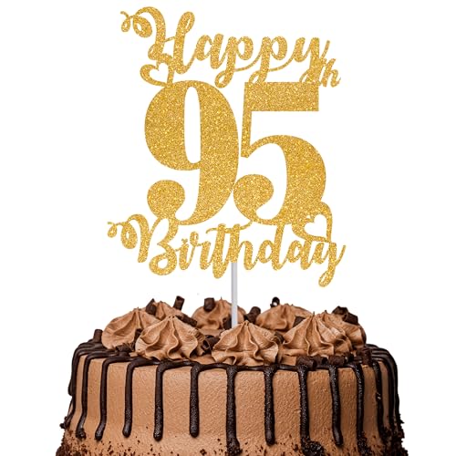 1Pc Happy 95th Birthday Cake Topper Glitter Cheers to 95 Years Cake Topper 95 Fabulous Cake Decoration for Happy 95th Birthday Anniversary Party Cake Decorations Supplies Gold
