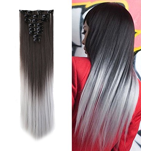 Clip in Hair Extensions Synthetic Full Head Hairpieces Japanese Kanekalon Fiber Thick Long Straight Soft Silky 8pcs 18clips for Women Fashion and Beauty 26'' / 26 inch (Dark Brown to Silver Grey)