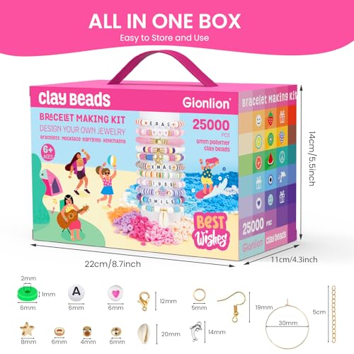 Image of Gionlion 25000 Pcs Clay Beads Bracelet Making Kit Abundant Single Color Heishi Beads, 7 Boxes Polymer Beads for Bracelets Jewelry Making kit with Charms, DIY Arts and Crafts Gifts