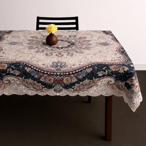 Image of Homerz Premium 6 Seater dinnig Table Heritage Series Velvety Table Cover, Vibrant Royal Designs with Border Cutwork (Shehnai, 54x78 inch- 6 Seater Dining Table)