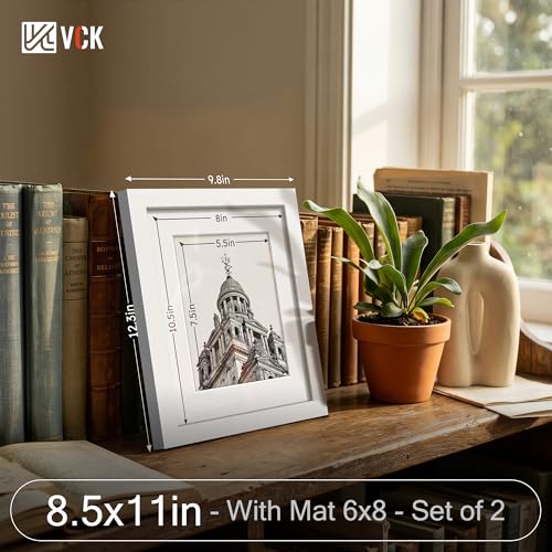 Image of VCK 8.5 by 11 Picture Frame 2 Pack, White Wood, 6x8 Mat, Glass, for Diploma