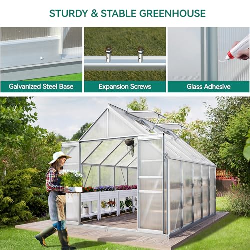 YITAHOME-10x8FT-Polycarbonate-Greenhouse-Large-Heavy-Duty-Green-Houses-Outdoor-Aluminum-Greenhouses-with-Sliding-Doors-Vent-Window-Premium-Walk-in-Greenhouse-for-Garden-Backyard-Matte-Sliver YITAHOME 10x8FT Polycarbonate Greenhouse Large Heavy Duty Green Houses Outdoor Aluminum Greenhouses with Sliding Doors Vent Window Premium Walk in Greenhouse for Garden Backyard Matte Sliver
