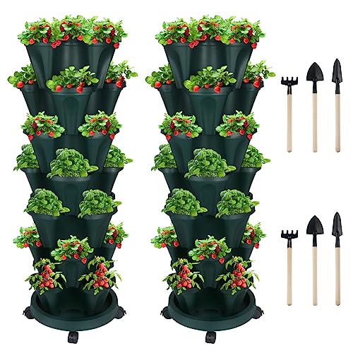 Vertical Planter 7 Tier Stackable Planters Garden Tower Planters Strawberry Herb Flower And Vegetable Planter Indoor Outdoor Gardening Pots With Removable Wheels And Tools 2-Pack #TOP6
