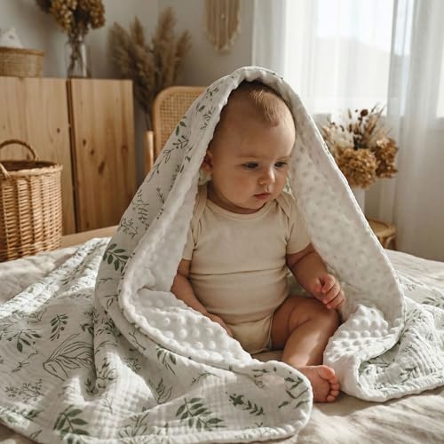 Image of GLLQUEN BABY Blankets for Boys Girls, Soft Muslin Cotton Front Dotted Fleece Backing, Nursery Minky Crib Blanket for Infant Toddler, 30 x 40 inches Throw Blanket, Green & Leaves