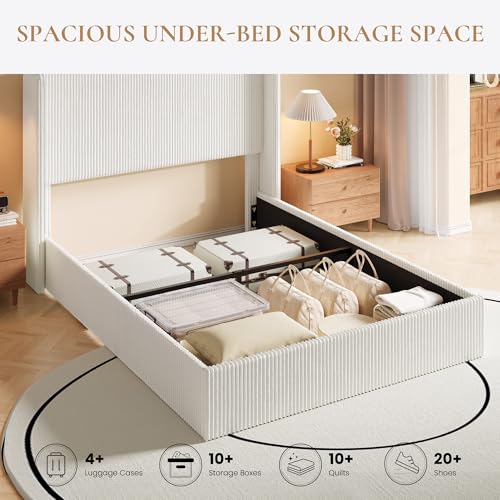Image of SHA CERLIN Full Lift Up Storage Bed Frame, Upholstered Corduroy, White