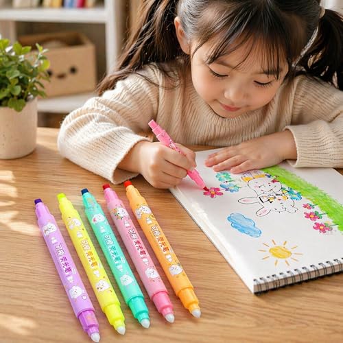 Image of WISHKEY Double-Head Erasable Marker Pens, Non-Toxic Ink, Quick Drying Colorful Highlighter Pens for Multipurpose, Stationery Items for Kids and Adults, 8+ Years (Pack of 6, Multicolor)