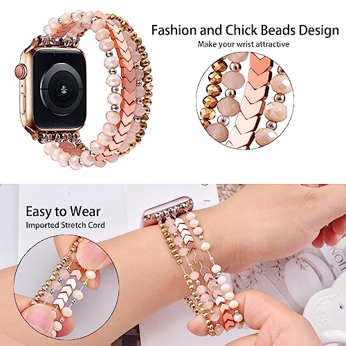 Image of MOFREE Beaded Bracelet Compatible with Apple Watch Band 38mm /40mm /41mm /42mm, Fashion Elastic Stretch Women Bands for iWatch Series 11 /10 /9 /8 /7 /SE /6 /5 /4 /3 /2 /1 iPhone Watch Strap Bands Pink