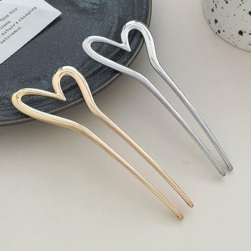 2Pcs Cute Gold Metal U Shaped Hair Pins Heart Hair Sticks Hairpin French Hair Pin Heart French Pin French Pins Hair U Shaped Hair Pins Love French Hair Fork Elegant Hair Accessories for Women