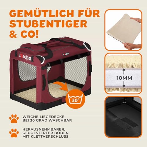 CADOCA® Hundebox faltbar Transportbox XL 82x56x58cm robust atmungsaktiv Transporttasche Auto Rückbank Haustiertransportbox Hundetragetasche Dunkelrot