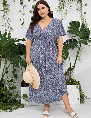 Image of ShopWonder Womens Plus Size V Neck Wrap Maxi Dress High Waist Ruffle Summer Casual Dress with Belt