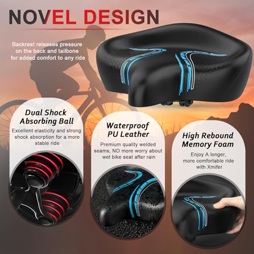 Image of BLUEWIND Oversized Bike Seat, Wide Bicycle Saddle Novel Backrest Design Compatible with Peloton, Universal Fit Exercise or Road Stationary Bike Seat Cushion for Men & Women (Blue)