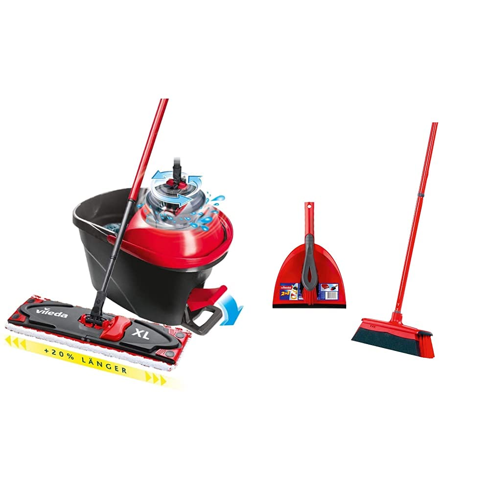 Vileda Ultramat Turbo XL Komplett Box Bodenwischer Set & DuActiva Besen, Eco-Pack, mit dreiteiligem Stiel und 2 in 1 Kehrset, Polyurethan, Polyäthylen rot schwarz mittel
