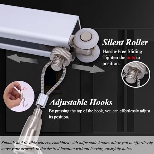 Image of Picture Rail Hanging System Picture Hanging Kit with Silent Pullys, Photo Display Stand with 3 5 6 8 10 FT Long Steel Cords, Hanging Picture Frames for Wall Decor(3.3 inch /1m Cable,42 inch /106cm Track)