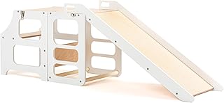 Duck Woodworks Torre de Aprendizaje Montessori 3 en 1 para Niños – Se Convierte en Mesa, Silla y Tobogán – Segura, Compacta y Duradera – Madera de Abedul – Blanca