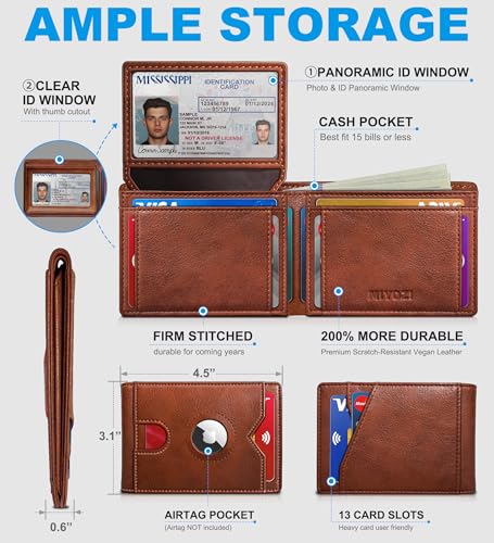 Image of miyozi AirTag Wallet for Men, Slim Leather Bifold with Holder Slot, 2 ID Windows & 13 Card Slots, RFID Blocking Front Pocket Wallet with Gift Box