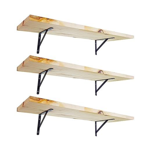 KIT 3 Prateleira Madeira Nicho Estante Painel Pinus 60x20 + Mão Francesa Aço (Preto)