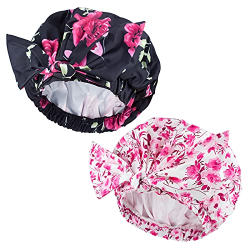 2 Pack Luxury Shower Cap for Women Long Hair Reusable, Waterproof Large Shower Bath Caps Adjustable, Washable, Breathable
