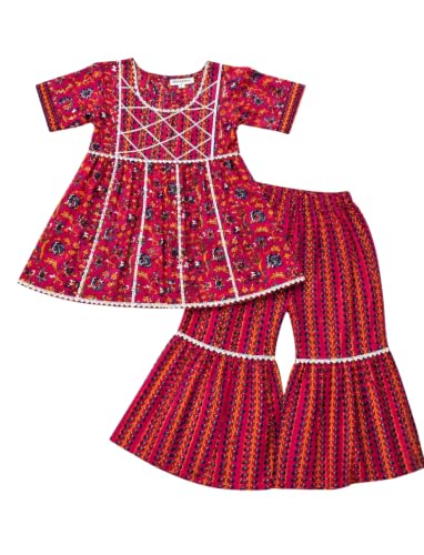 Image of superminis Baby Girl's Cotton Sanganeri /Floral Printed Frock Style Kurti With Printed Sharara Dress Clothing Set
