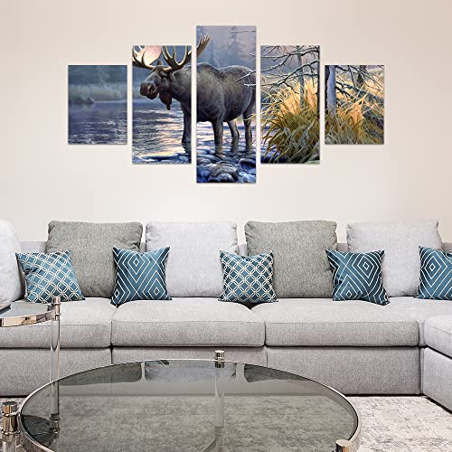 Ago 5 Piece Moose Wall Art Moose Pictures Wall Decor Golden Moose Canvas Wall Art For Living Room Bedroom Modern Rustic Wildlife Animal Elk Paintings Wall Decorations Framed 60"X32" #TOP2