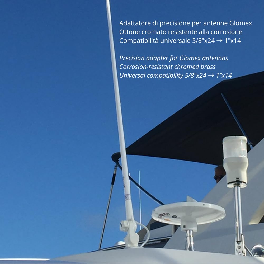 Glomex – Boccola Adattatore RA358 in Ottone Cromato, Filettatura 5/8″x24 a 1″x14, per Antenne Glomex RA300 e RA304