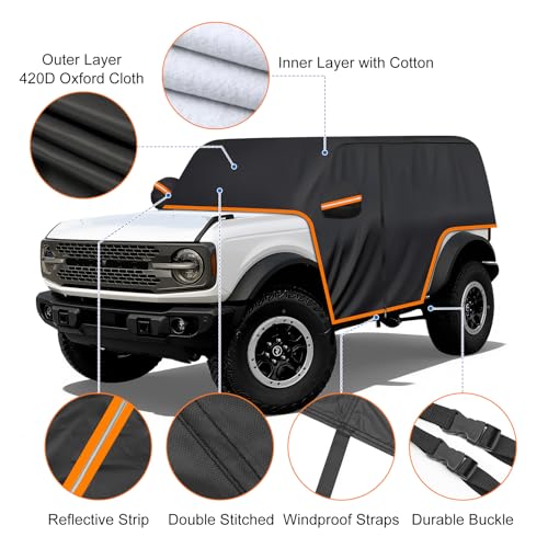 Image of Cab Car Cover for Ford Bronco 2 Door, 420D Half Car Cover Waterproof All Weather Sun Rain UV Dust Protection, Rain Cab Covers with Zipper Door for Ford Bronco 2021 2022 2023 2024 2025