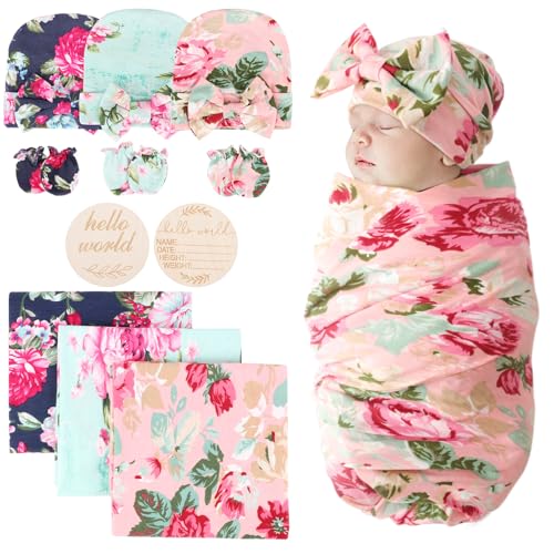 Image of DRESHOW BQUBO Floral Swaddles for Baby Girl Newborn Receiving Blanket with Bow Hat Mittens Wooden Birth Announcement Card Set Baby Floral Print Swaddle Nursery Swaddle Wrap