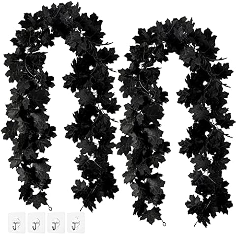 Black Maple Leaf Garland, 2PCS Halloween Artificial Hanging Fall Leave Vines, Fall Floral Garlands Thanksgiving Decor for Home Wedding Party ( 11.6FT) Cover