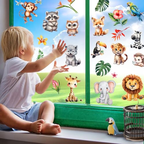 38 Animal Window Clings, Cute Elephant, Monkey, Bird Window Stickers, Perfect for Parties, Decorating Rooms, Living Rooms, Kitchens, bathrooms, refrigerators, Tile Stickers