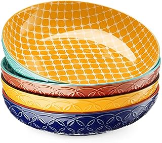 DOWAN Vibrant Pasta Bowls, 8.5'' Large Salad Bowls, 34 Oz Porcelain Pasta Serving Bowl Set of 4, Bowls for Pasta, Salad, Soup, Oatmeal, Mix-match Pattern, Ideal Housewarming Gift