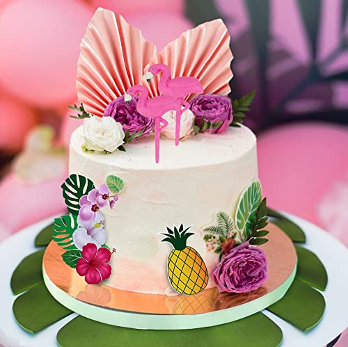 12 Pcs Flamingo Cake Toppers Flamingo Palm Leaves Hibiscus Flowers Hawaiian Cake Decorations For Tropical Luau Themed Birthday Wedding Party Supplies #TOP4