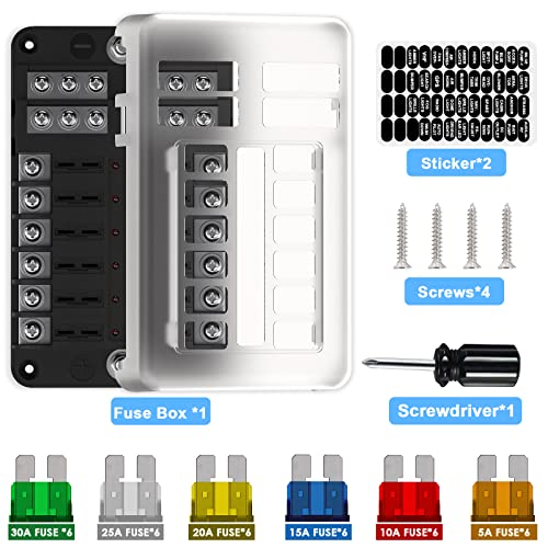 Marine Fuse Block 12V Fuse Box: 12Way Boat Fuse Panel 12V Power Distribution Block With Led Warning Indicator Waterproof Cover 12 Circuit Terminal Block With Negative Bus 12Volt Automotive Fuse Holder #TOP3