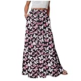 Damen-Maxirock, Boho-Stil, Blumenmuster, Sommer, plissiert, hohe Taille, lässig, A-Linie, Strand, lange Röcke, Urlaubskleidung, Rosa 2, M