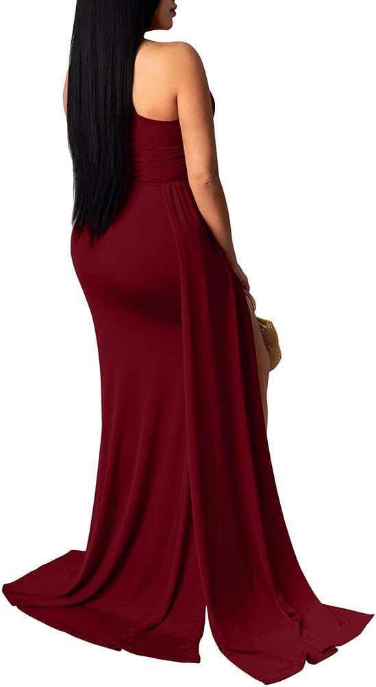LAGSHIAN Women Sexy Elegant One Shoulder High Split Cutout Long Evening Dress - Image 2