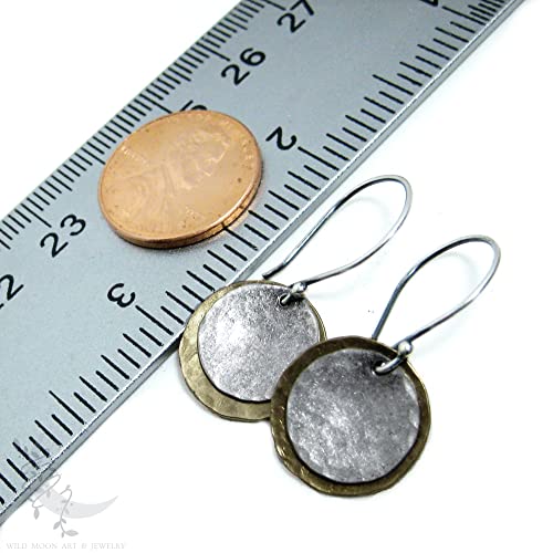 Mixed-Metal-Antiqued-Brass-Sterling-Silver-Earrings-Small-Upcycled-Hammered-Silver-Dangle-Earrings-Rustic-Minimalist-Round-Circle-Boho-Jewelry-Gift