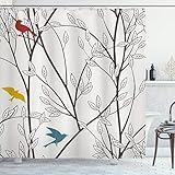 ABAKUHAUS Natur Duschvorhang, Vögel Wildlife Cartoon, mit 12 Ringe Set Stielvoll Modern, 175x200 cm, Senf Kastanienbraun Grau & Blau