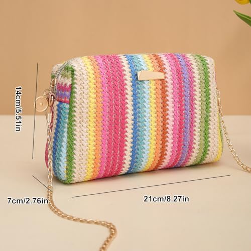 Women’s Straw Tote Bag Rainbow Striped Casual Beach Shoulder Bag Summer Vacation Straw Crossbody Bag Purse 20252