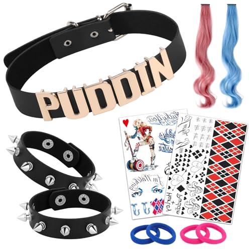 fulasiteu 11 Pcs Puddin Choker Halloween Set Adjustable Punk Leather Letter Collar Necklace Tattoo Stickers Rivets Spike Bracelet Halloween Harley Cosplay Accessories for Women(Set-2)