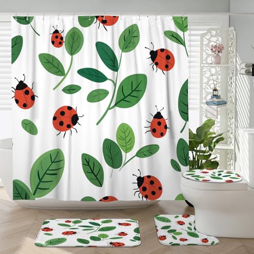 DESIHOM 4PCS Cartoon Kids Ladybug Shower Curtain 72''x72'' with Hooks, Bathroom Accessory Sets with Bath Mat, U Shape and Toilet Lid Cover Mat, Spring Fun Insect Home Fabric Decor