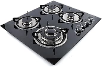 23" Gas Cooktop, Built in Gas Cooktop 4 Burners Stainless Steel Stove Black Tempered Glass Burners Gas Countertop for LPG/NG Dual Fuel Natural Gas/Propane Cooktop Heavy Duty Cast Iron Grates