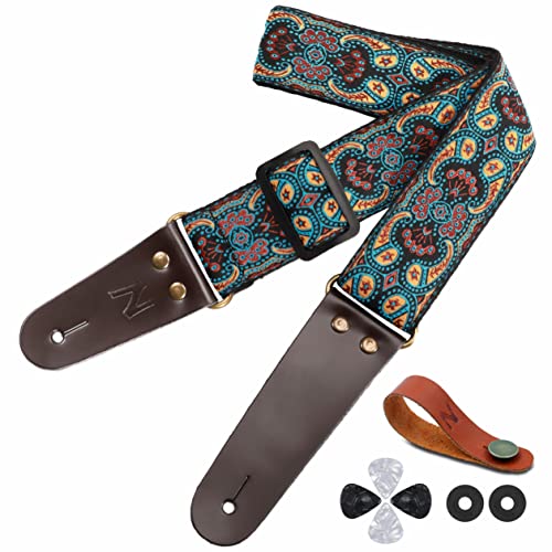 Sangle de Guitare - Courroies de Guitare en Coton avec extrémités en cuir pleine fleur pour Basse, Guitare électrique et acoustique | Cadeaux pour enfants, homme et femme guitaristes (Style Classique)