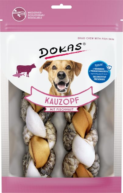 Dokas Kauzopf mit Fischhaut | Doppelpack | 2 x 120 g | Kausnack für Hunde | Rinderhaut und Fischhaut zum perfekten Kauspaß geflochten | Unterstützung der täglichen Zahnpflege