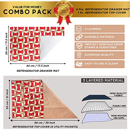 Image of Polyester 3-Layered Fridge Top Cover /Refrigerator Cover with Utility Pockets and Set of 4 Pc Fridge Mats (Color-Red, Size-39x21 Inches)