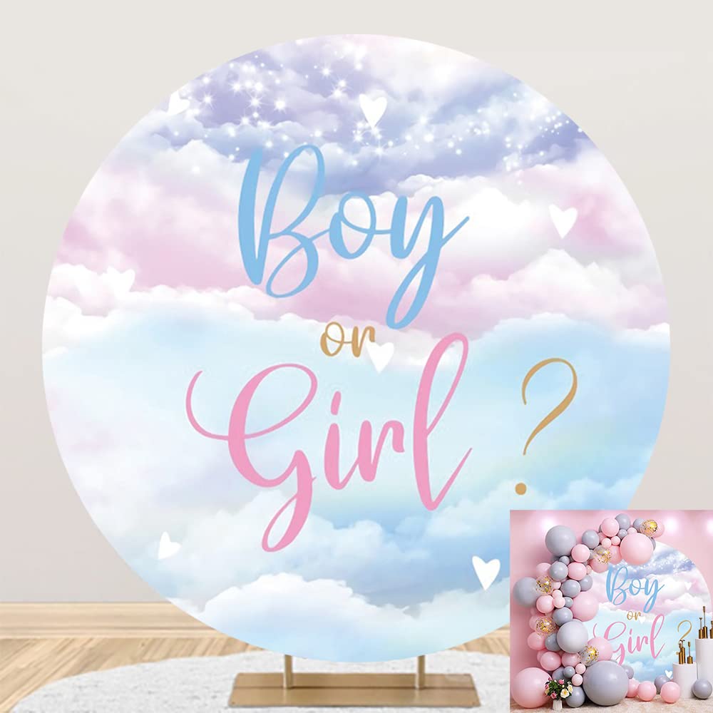 7.2x7.2ft Boy or Girl Gender Reveal Round Backdrop Cover Blue or Pink Cloud Gender Reveal Party Supplies He or She Gender Reveal Decorations Baby