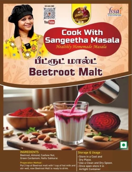 Cook With Sangeetha Beetroot Malt Health Mix – Natural Energy Drink Powder with Almond, Cashew & Cardamom – Healthy Traditional Drink Mix – No Preservatives (100g)-picture-23