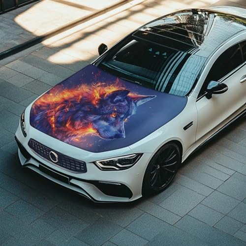 Image of Car Hood Cover Protector,Wolf and Fire Design Tear-Resistant Polyester Breathable Print Stylish Hood Covers for Cars,Decoration Universal Car Accessories
