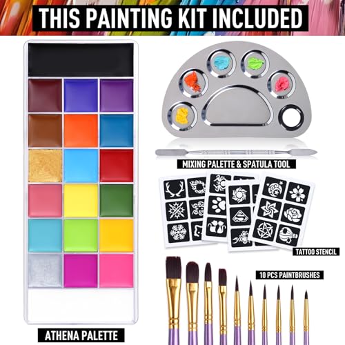 Image of UCANBE Athena Face Body Paint Oil Makeup Set, 20 Colors FX Halloween Party Painting with Stainless Steel Mixing Palette and Spatula Tool,10 pcs Artist Paintbrushes,Tattoo Stencil Arts Crafts kit