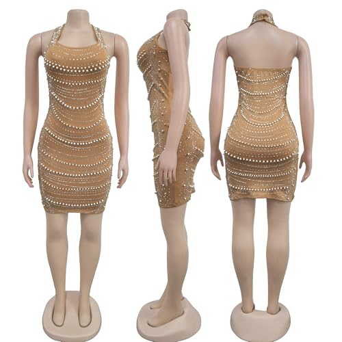 Image of Jigfar Women's Sexy Rhinestone Sheer Mesh See Through Bodycon Dress Birthday Party Club Night Outfits